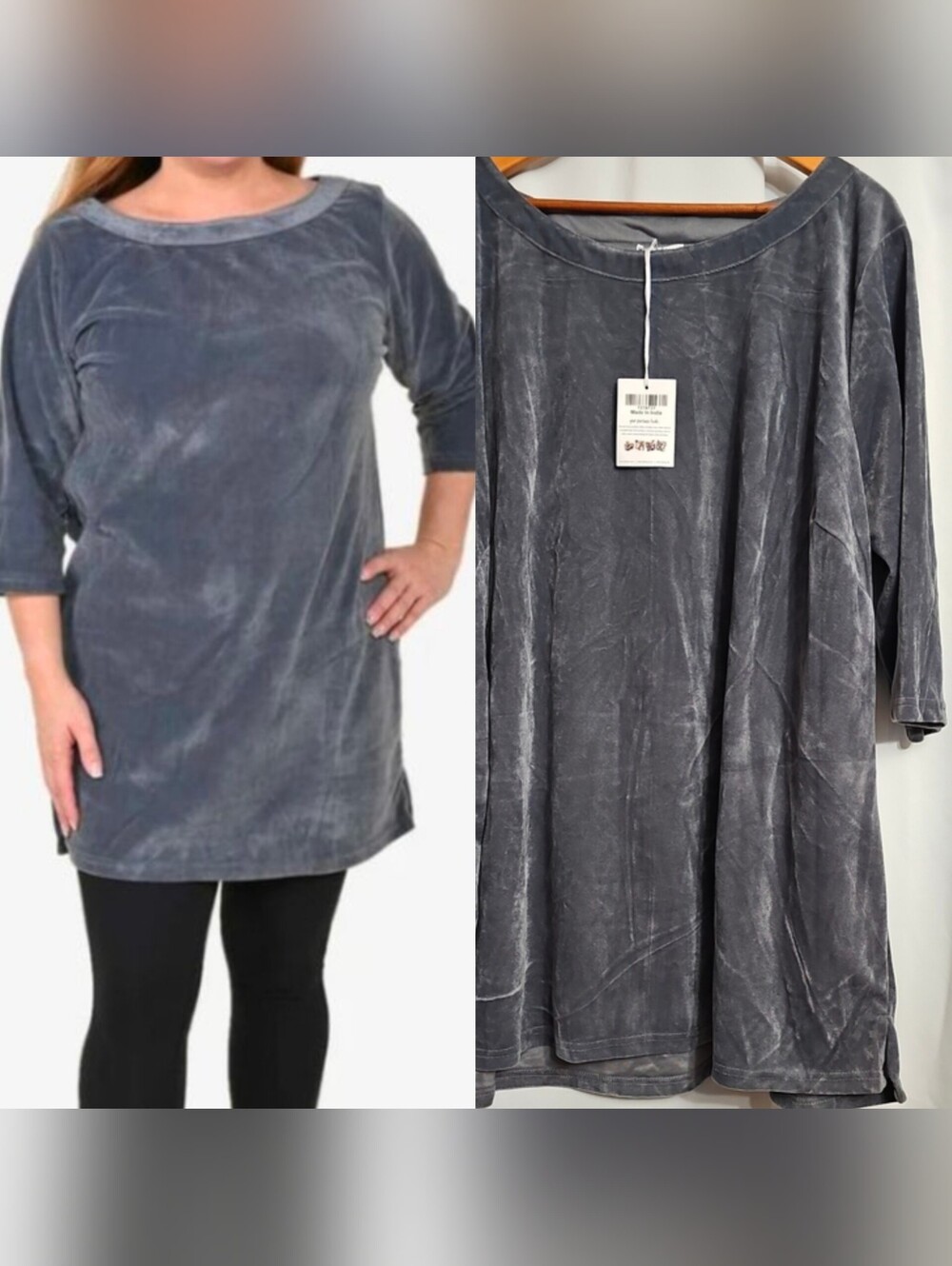 Tamsy Premium Velour Tunic Gray Size 3X New Soft Crewneck Relaxed Fit